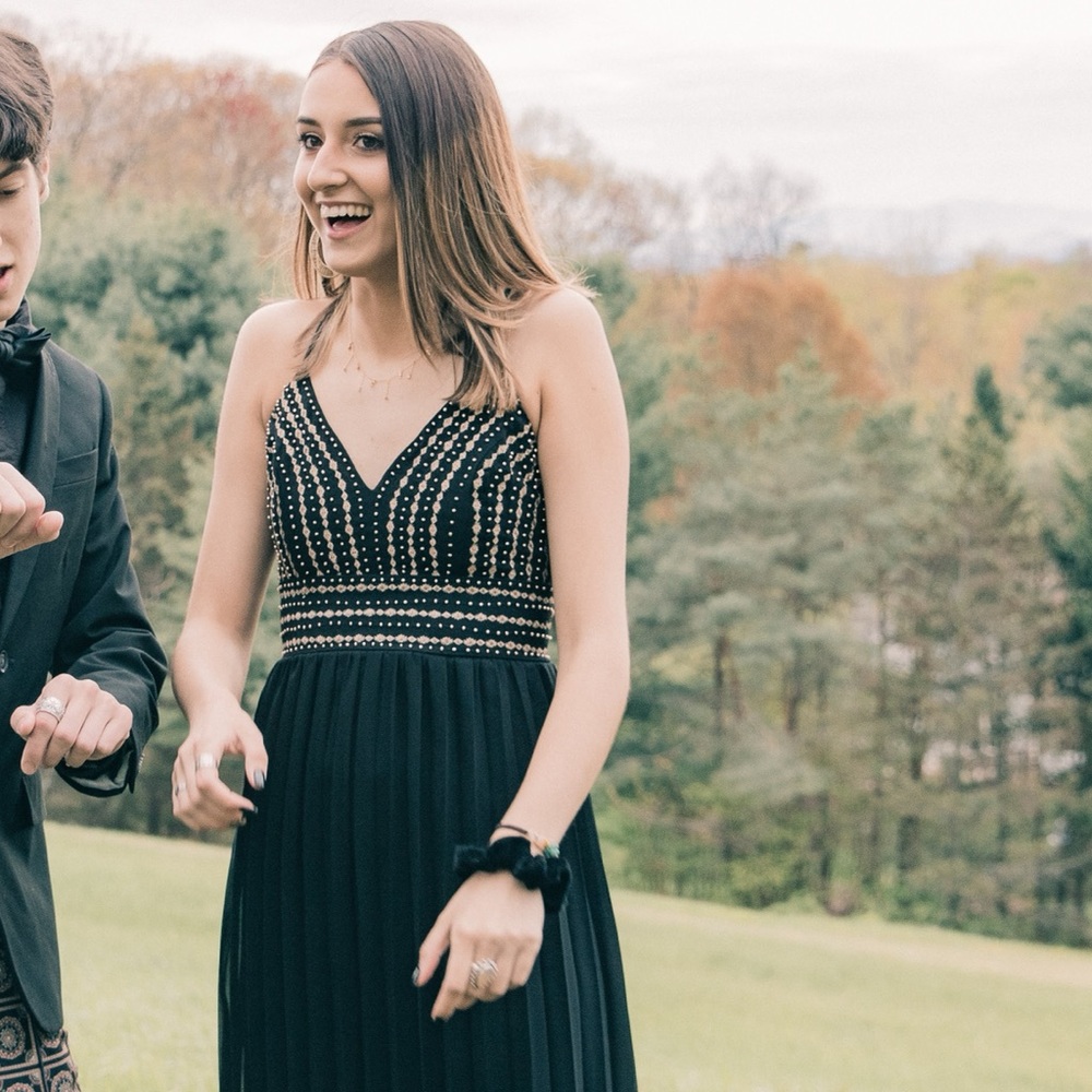 gold beaded + embroidered formal dress